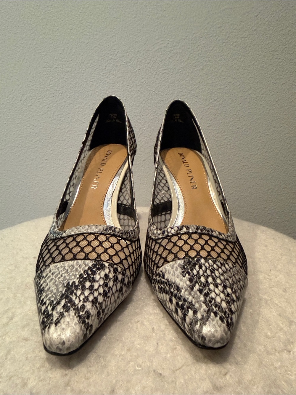 Donald J. Pliner Black and White Snake-Print Pointed Toe Heels
